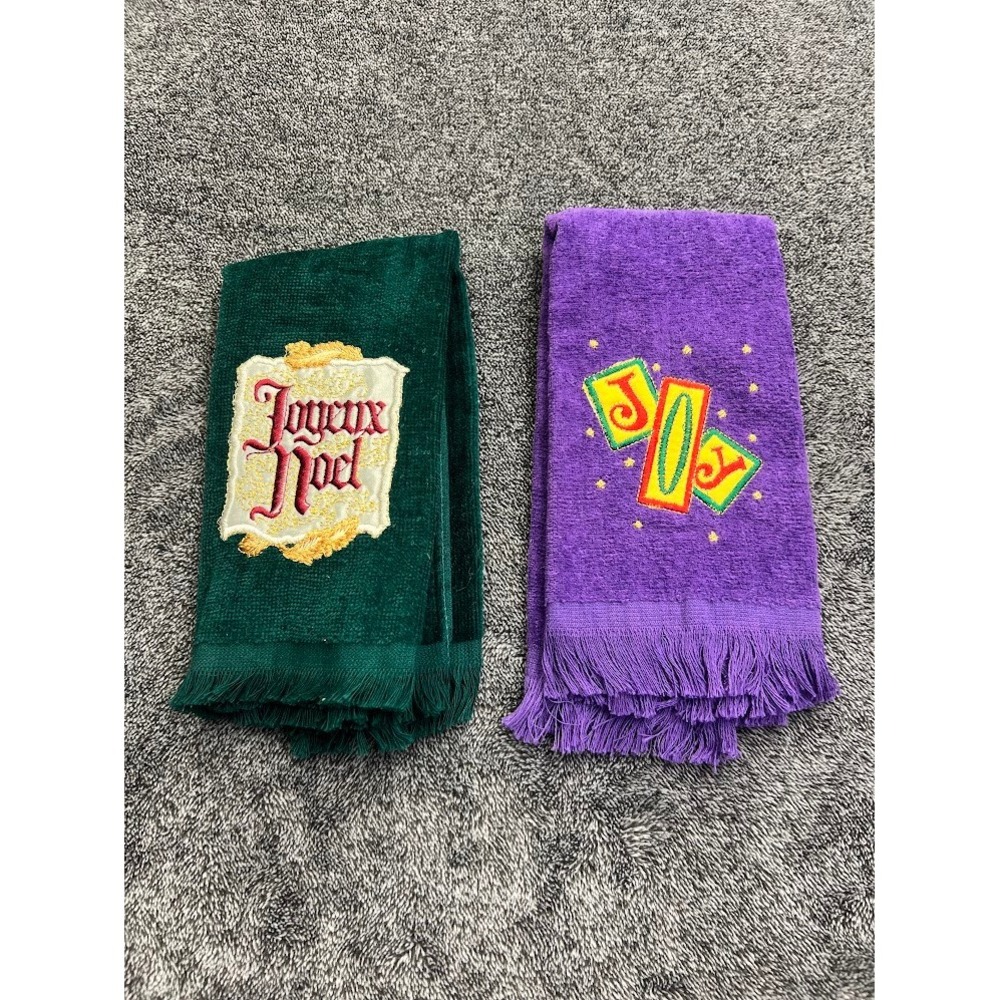 Vintage Holiday Hand Towel Set Joyeux Noel Green & Joy Purple Fringed Terry